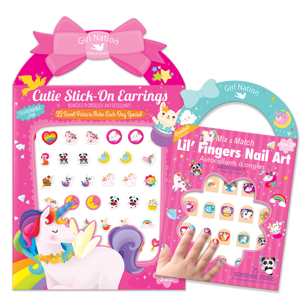 Yapışkanlı Küpe ve Desenli Tırnak Çıkartması Seti- Unicorn Fantasy